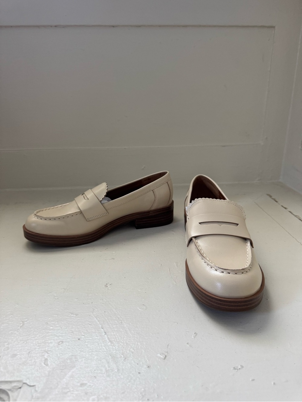Lucky Brand Cream Real Leather Penny Loafers with Brown Stacked Sole—NWT